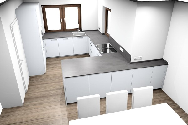 © Studio Stricker, kleine Küche mit Halbinsel zum offenen Wohnraum